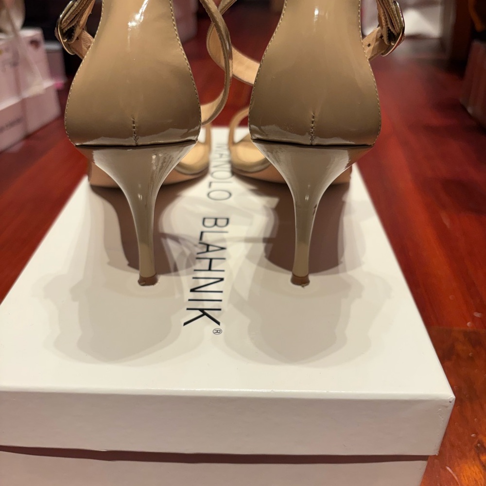 Manolo Blahnik Patent Leather Nude Ankle Strap Heels - Picture 8 of 12